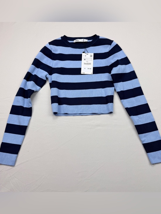 Zara Sweaters - Zara Light Blue & Navy Striped Cropped Crewneck Sweater